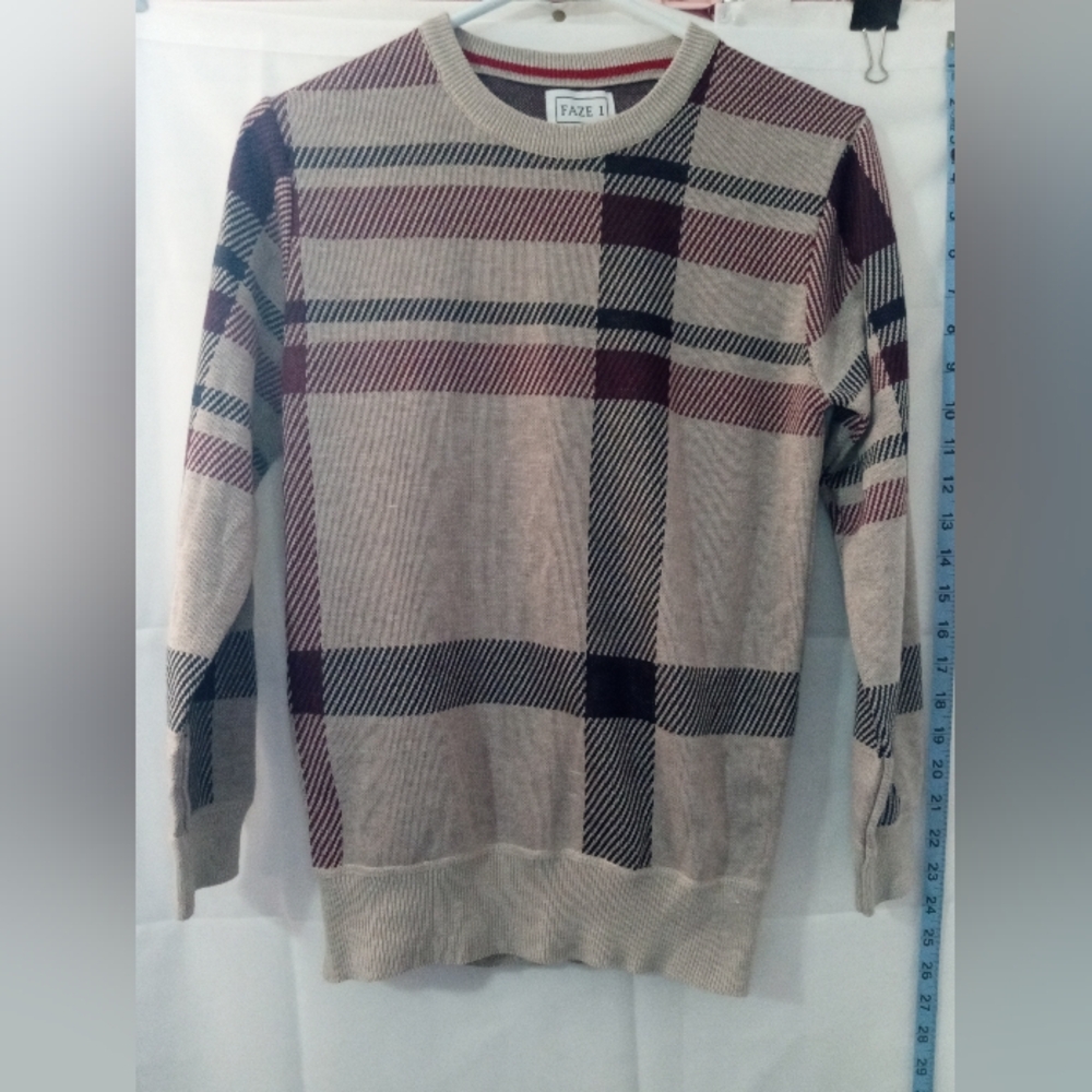 Faze 1 Boys Beige & Burgundy Plaid Crewneck Sweater, Size 16